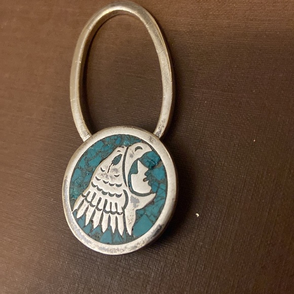 Vintage crushed turquoise inlay tribal key ring Mexico Taxco 925 - Picture 10 of 13